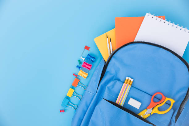 istock Top view Blue bag backpack for education children 1397664079