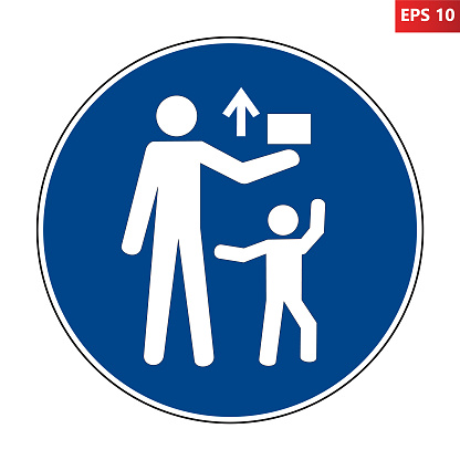 Keep out of reach of children sign. Vector illustration of circular blue mandatory sign with child reaching out for item that adult man holds above. Dangerous items symbol.