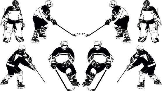 A selection of black and white vector images of players of the hockey team in uniform and special protection
