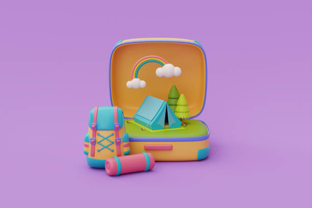 istock Opened yellow suitcase with backpack and camping element.Tourism and travel plan to trip,Time to travel,summer camp, holiday vacation,3d rendering 1397665016