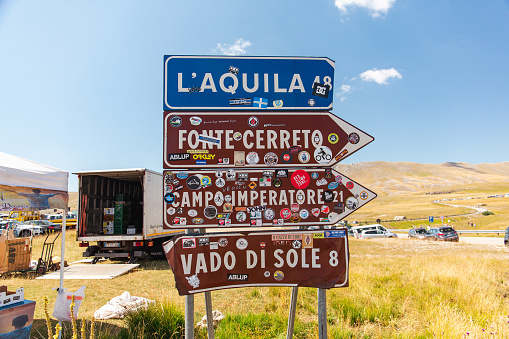 Campo Imperatore, Fonte Cerreto, Vado di Sole, L'Aquila directional road signs on the Campo Imperatore plateau, Italy