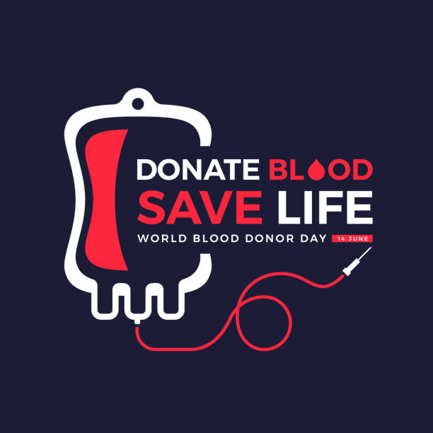 illustrations, cliparts, dessins animés et icônes de journée mondiale du donneur de sang - texte de don de sang sauver la vie et symbole de poche de sang rouge blanc sur fond sombre - don du sang