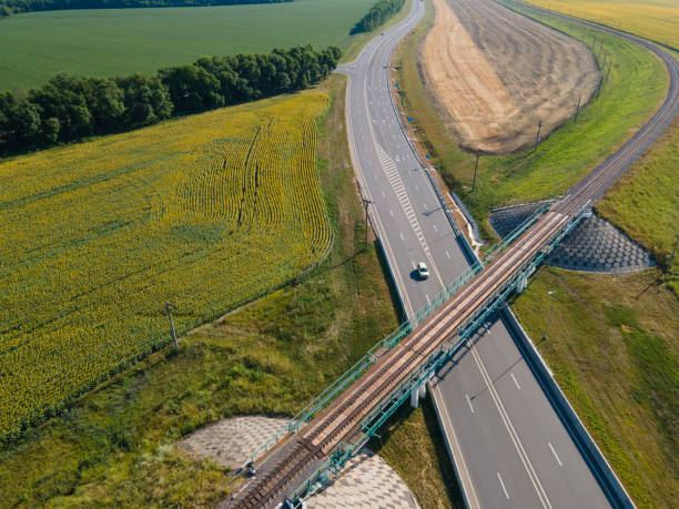istock Highway intersection junction summer morning with car. Drone Aerial Top View 1397667947