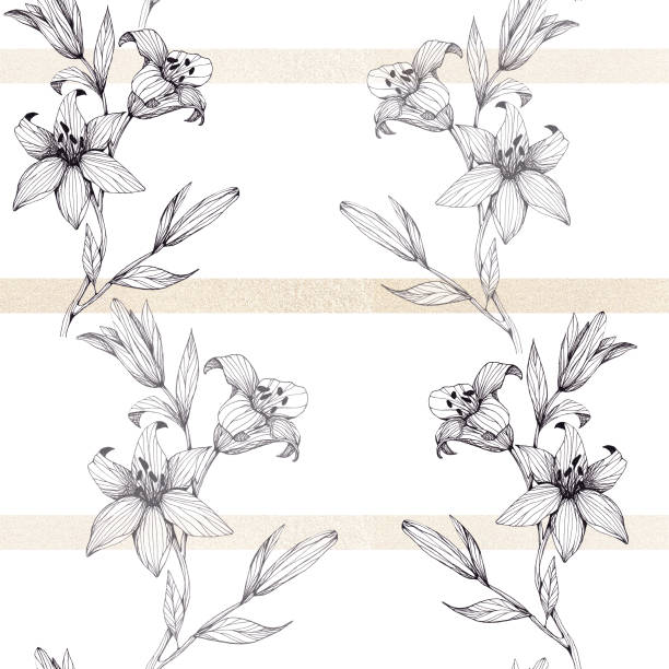 istock Seamless pattern of black and white lily flowers on a white background with golden stripes. 1397668203