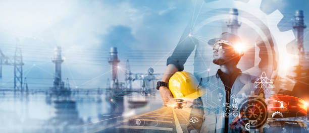 istock Professional industrial engineer with blueprints checking and analyzing data of power plant station project on network connection  technology background, Engineering, inspector and architect. 1397668766