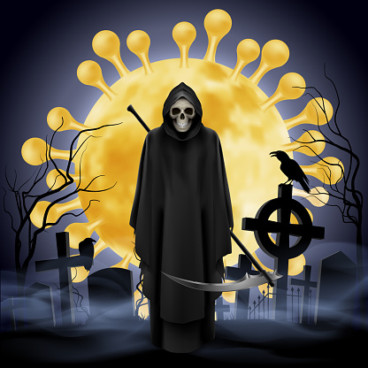 Illustration of Cemetery and Angel of Death with a Scythe. Apocalypse and Hell Concept Design Coronavirus Epidemic COVID-19. Deadly SARS-CoV-2 Spread in Europe and World
