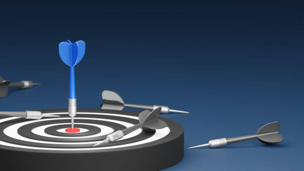 istock Business target concept design of dartboard with blue dart on blue background 3D render 1397670285