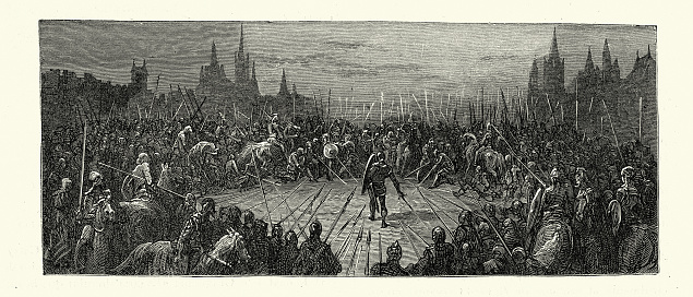 Vintage illustration of scene from Orlando Furioso illustrated by Gustave Dore, a medieval chivalric romance.  The Last Stand, Sinlge knight surrounded by an army on the battlefield, Medieval warfare