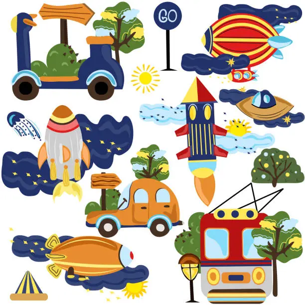Vector illustration of Cute compositions, collection of different types of transport, flying rocket between the clouds, scooter, tree, taxi, clouds, spaceship and other. Vector illustration.