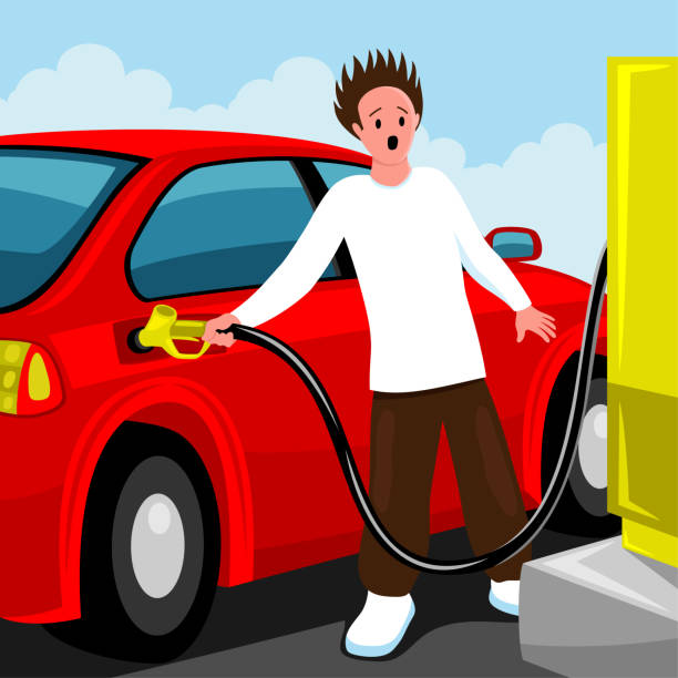 Frightened driver refuels the car. Frightened driver refuels the car with expensive gasoline. scary gas station stock illustrations