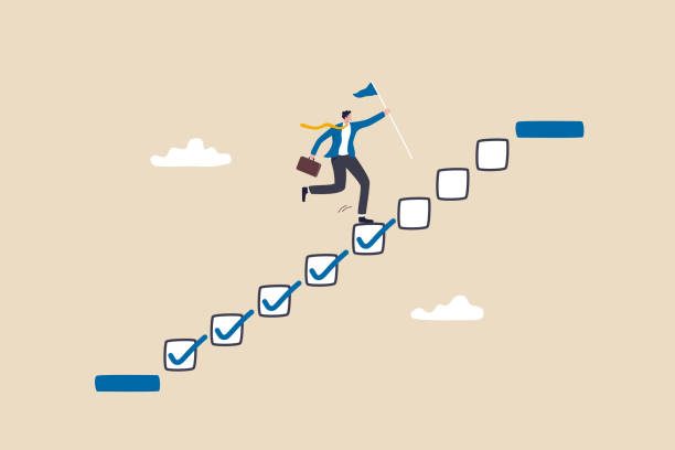 Progression from start to success, development or improvement, challenge to progress and win competition, tasks completion to finish project, businessman step on checklist to progress to target. vector art illustration