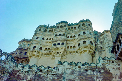 Jodhpur, Rajasthan - India October 2000: Mehrangarh Fort, built in 1459, is one of the largest forts in Rajasthan. The Fort is situated on a steep hill which dominates the 'blue' city Jodhpur.