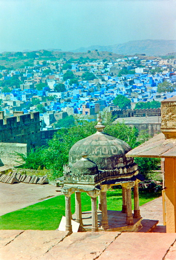 Jodhpur, Rajasthan - India October 2000: Mehrangarh Fort, built in 1459, is one of the largest forts in Rajasthan. The Fort is situated on a steep hill which dominates the 'blue' city Jodhpur.