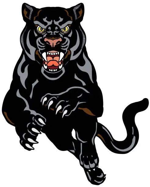 Vector illustration of Panther jump in the front view. Tattoo