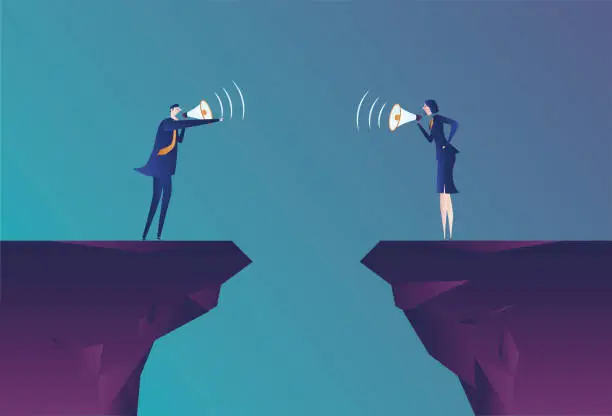 Vector illustration of Business man and business woman arguing with megaphone on cliff.