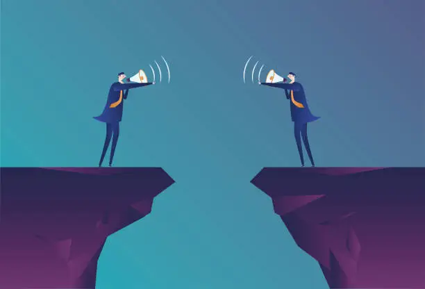 Vector illustration of Two business men are arguing with a megaphone while standing on a cliff.