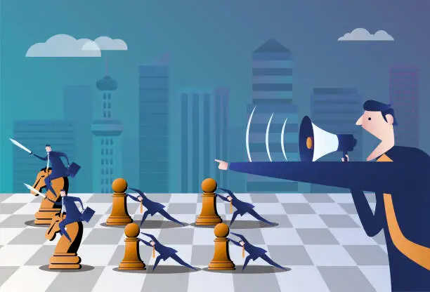 Vector illustration of The manager directs the team to fight in the mall, the chess game, the corporate culture concept map.