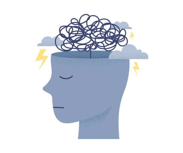 Confused, anxious and stressed brain. Mental health concept person profile vector illustration. shock stock illustrations