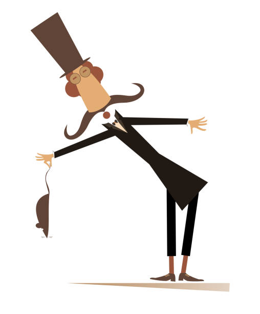 Man in the top hat holds a rat, mouse illustration Cartoon long mustache gentleman in the top hat holds rat or mouse by tail isolated on white background opossum silhouette stock illustrations