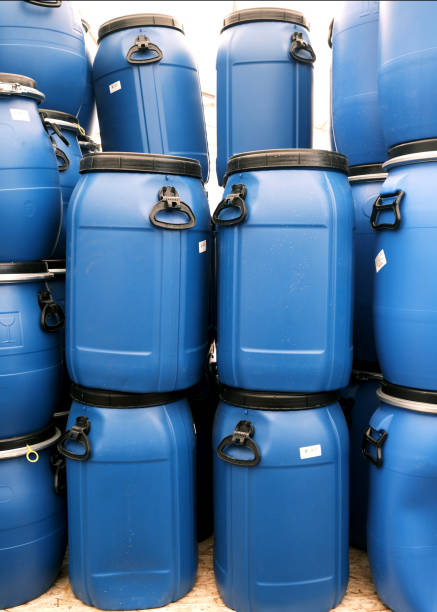 istock Plastic blue barrels for storing various raw materials for industry and agriculture. 1397683024