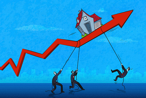 Men trying to reach the house that rises up on the arrow. Real estate price increase concept. (Used clipping mask)