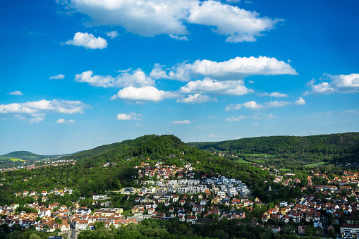 Housing estate in landscape, aerial perspective\nJena, Germany