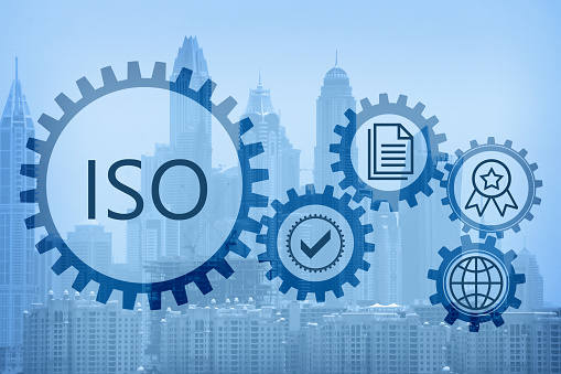 International Organization for Standardization (ISO). Different virtual icons and cityscape on background