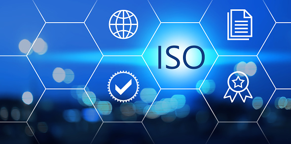 International Organization for Standardization (ISO). Different virtual icons on blurred background, banner design