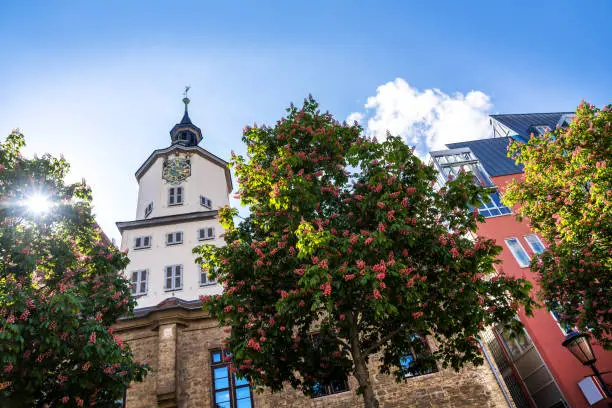town hall of Jena in Thuringia, Germany
Intershop Tower in the background

Jena is a university city in central Germany on the river Saale. Jena is a manufacturing city, specializing in precision machinery, pharmaceuticals, optics and photographic equipment