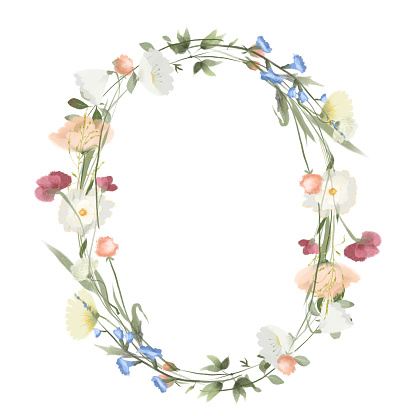 Wreath of watercolor wildflowers and meadow plants, illustrations on a white background