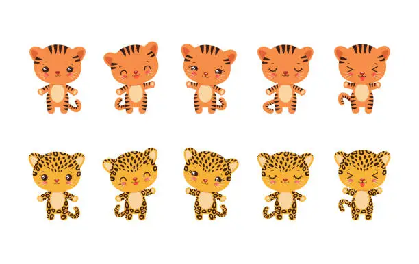 Vector illustration of Cute kawaii tiger leopard cheetah emoji icons.