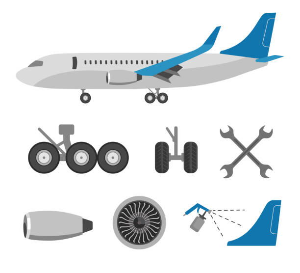 Airplane and different parts flat vector illustrations set Airplane and different parts flat vector illustrations set. Aircraft factory, jet, wrenches, wheels, engine for plane repair work or airport. Maintenance, aerospace or aviation industry concept plane hand tool stock illustrations