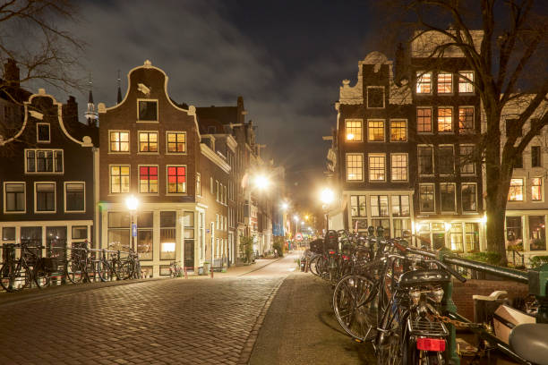 Amsterdam city center street at night, The Netherlands