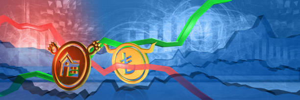 home price decrease in try home price decrease in try. real estate stability or boom in turkey. 3D illustration of bearish housing market trend. affordable cost of property concept decline stock pictures, royalty-free photos & images