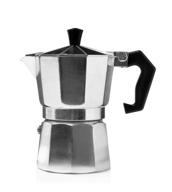 istock Modern geyser coffee maker isolated on white. Camping equipment 1397689973