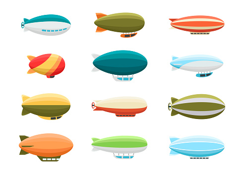 Different colorful airships vector illustrations set. Collection of retro zeppelins or dirigibles, passenger air ships isolated on white background. Transportation, tourism, aviation industry concept