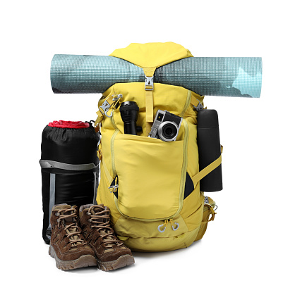 Set of camping equipment for tourist on white background