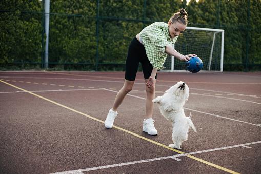 Teenage girl playing with her dog with ball on basketball court.