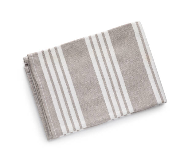 istock Grey striped kitchen towel isolated on white, top view 1397690903