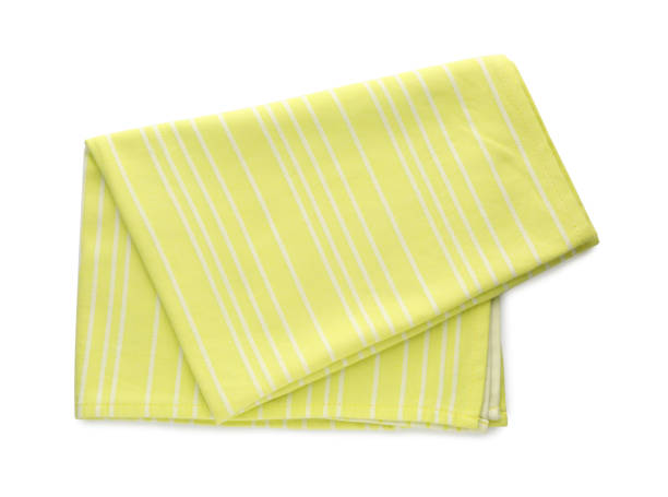 istock Yellow striped kitchen towel isolated on white, top view 1397690949