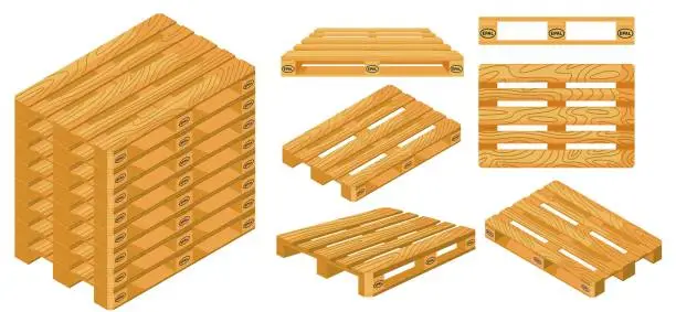 Vector illustration of Wooden pallet for goods transportation and storage set