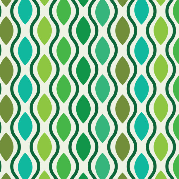 중반 세기 현대 기하학적 오기 타원형 녹색과 청록색의 원활한 패턴. - 1960s style 1970s style seamless wallpaper pattern stock illustrations