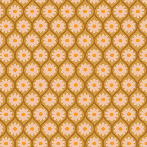 ilustraciones, imágenes clip art, dibujos animados e iconos de stock de flores blancas retro en patrón ovalado marrón ogee sin costuras - wallpaper pattern wallpaper 1950s style ornate