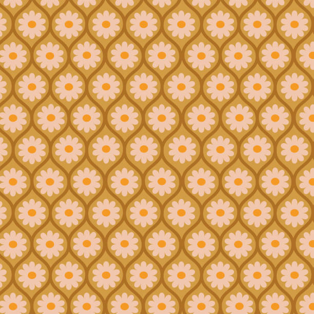 Retro white flowers in brown ogee oval seamless pattern Retro white flowers in brown ogee oval seamless pattern on mustard green background. For wallpaper, home décor and textile kitchen patterns stock illustrations
