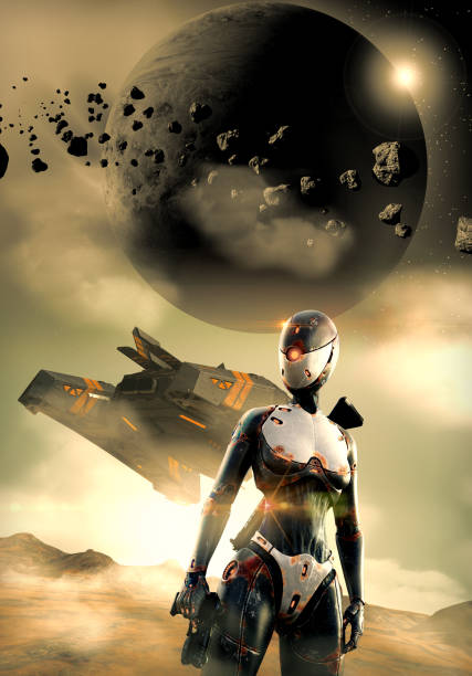 istock Sci-fi artwork of spaceship flying over alien landscape with a female android 1397694414