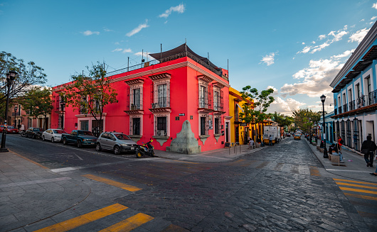 Oaxaca, Mexico - January 13 2022. Colorful facades in Oaxaca, Mexico.