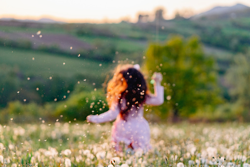 Cute little girl playing with kite in nature