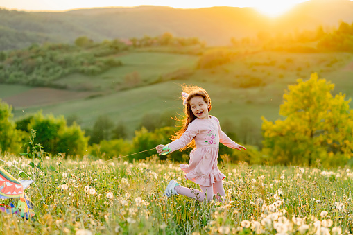 Cute little girl playing with kite in nature