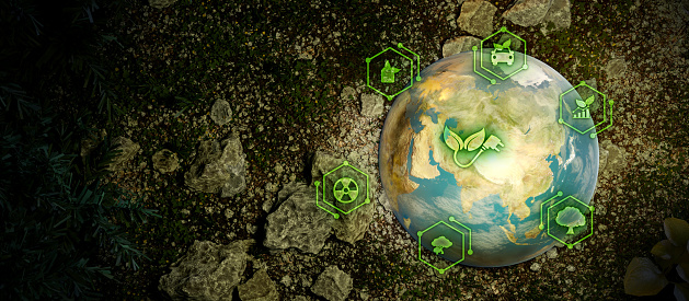 Eco Sustainability Globe Earth In Trees With ESG Icons Banner Background Some Elements or Textures From NASA 3D Illustration