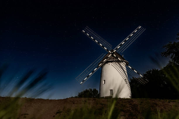 Windmill by night in Germany, Krefeld Traar, Egelsberg.\nEgelsberg mill.